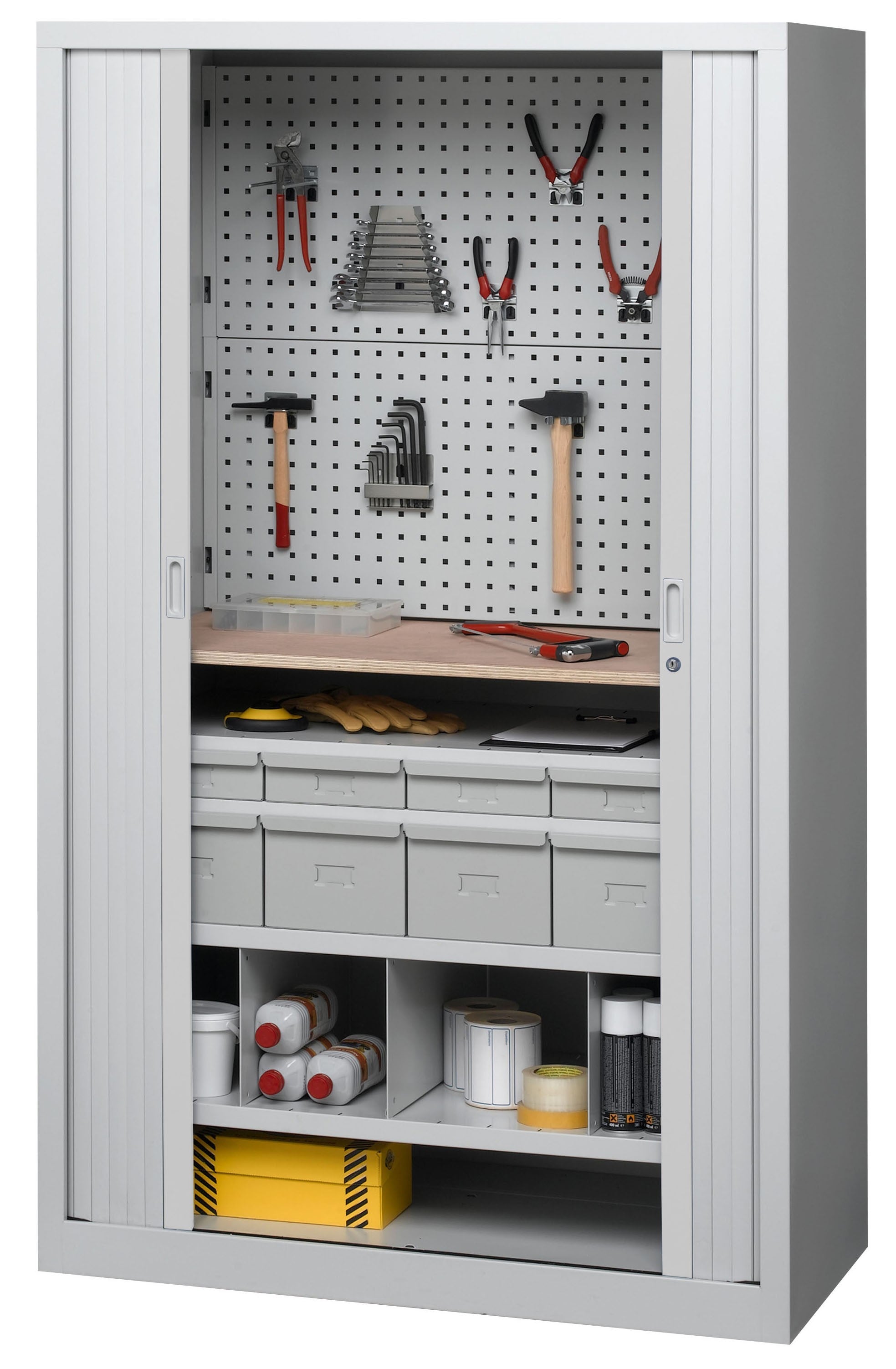 Armoire d'atelier à rideaux équipée d'accessoires pour outils